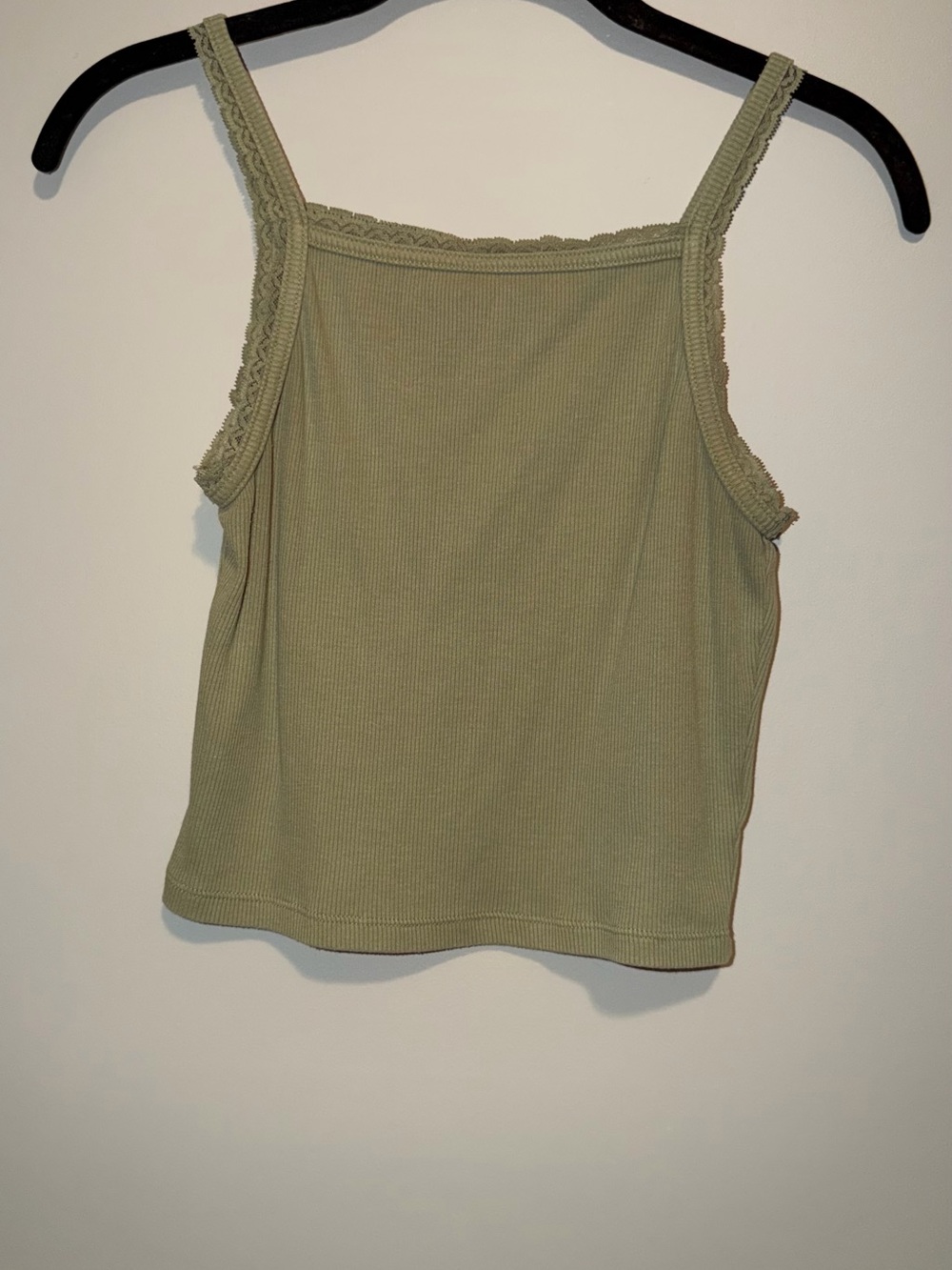 Olive Green Ribbed Lace-Trim Tank Top